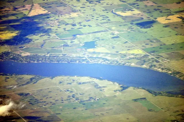 Aerial view of Last Mountain Lake and farmland near Silton