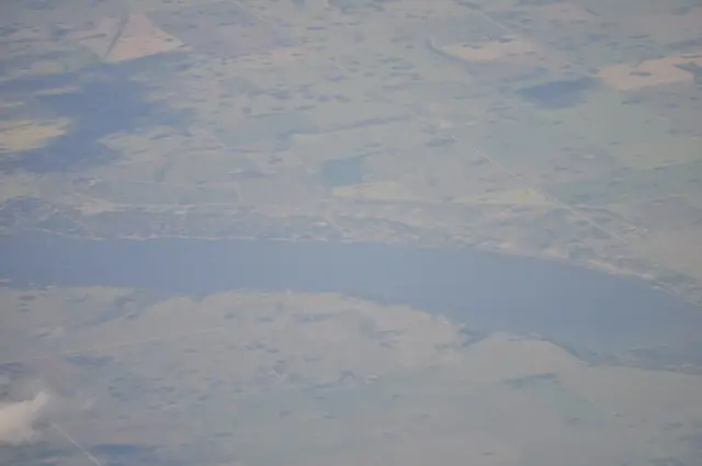 Aerial view of Last Mountain Lake and farmland