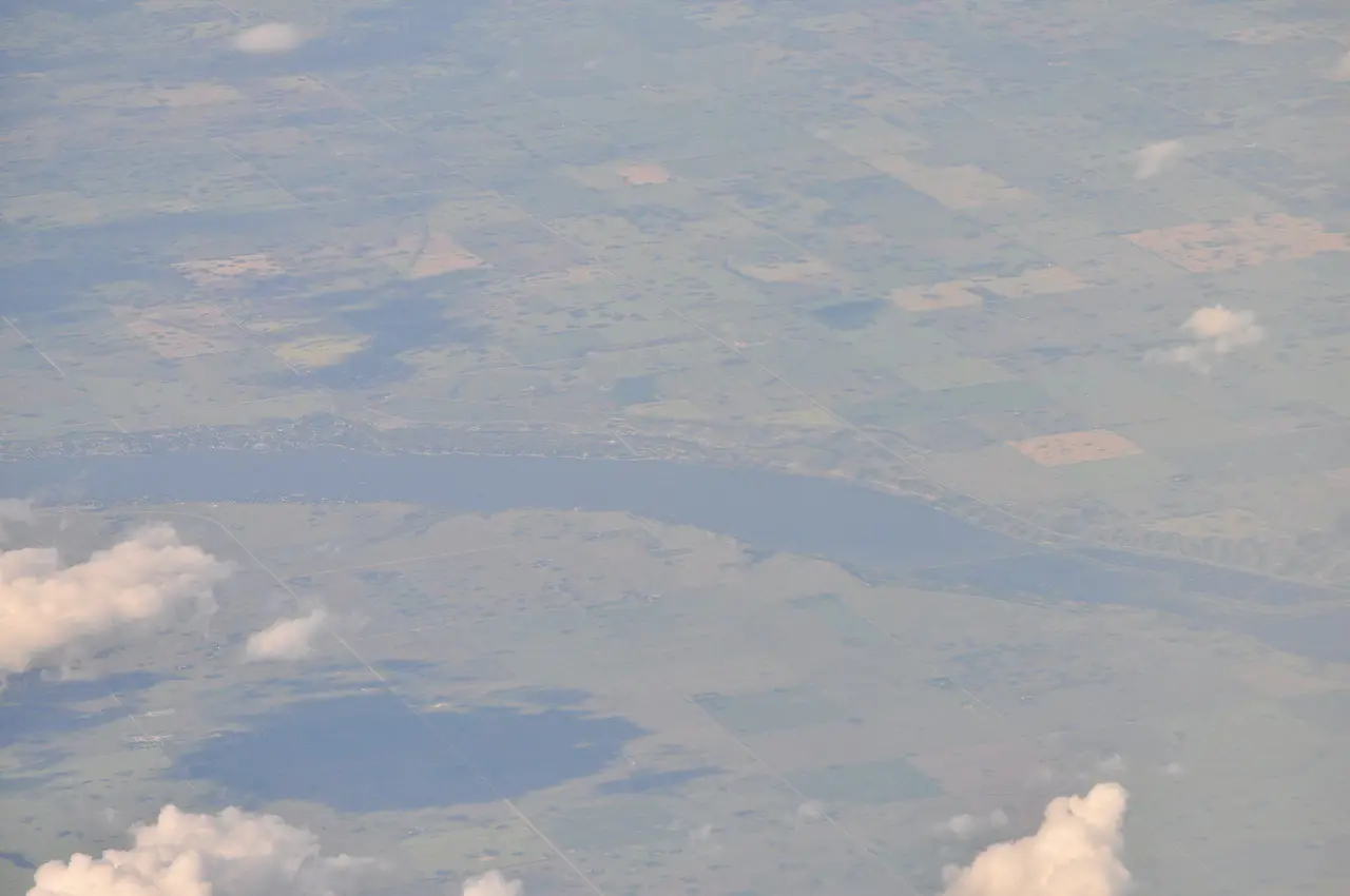Aerial view of Last Mountain Lake and farmland, 2013