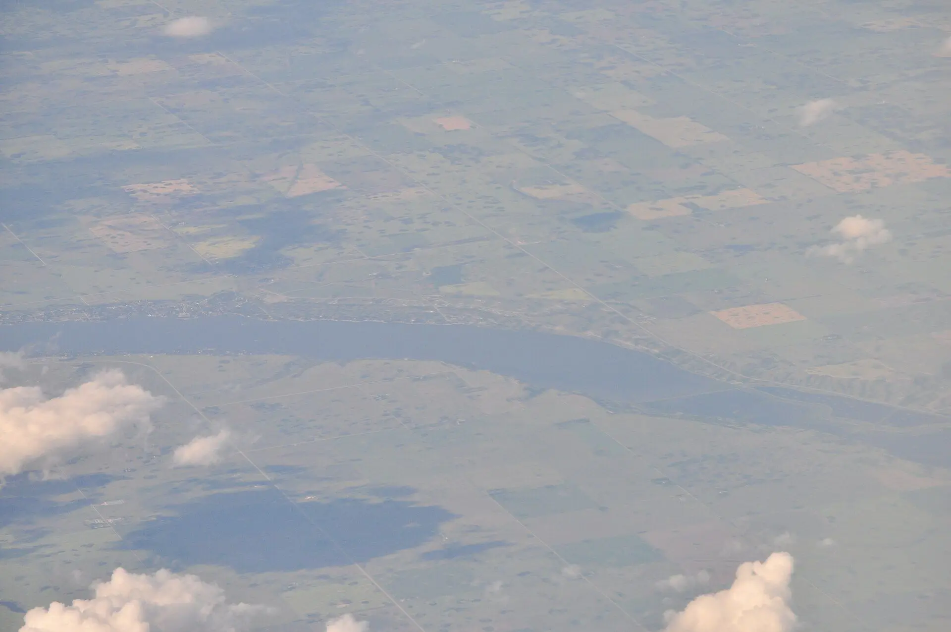 Aerial view of Last Mountain Lake and farmland