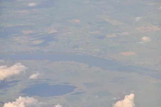 Aerial view of Last Mountain Lake and farmland