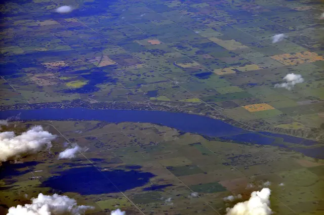 Aerial view of Last Mountain Lake and surrounding farmland